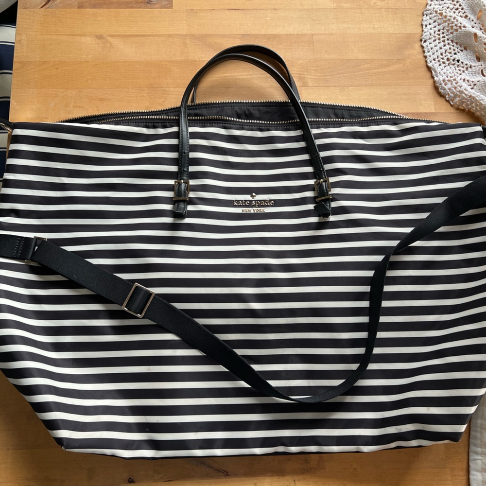 Kate Spade Black and White Striped Weekender duffle bag